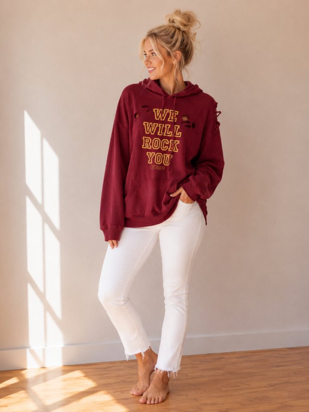 Queen Official Merch We Will Rock You Graphic Hoodie Burgundy Red Distressed Siz